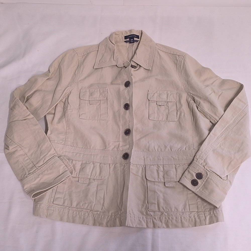 Lands End Utility Jacket Womens 10P Beige Linen Blend Field Safari Coat Utility